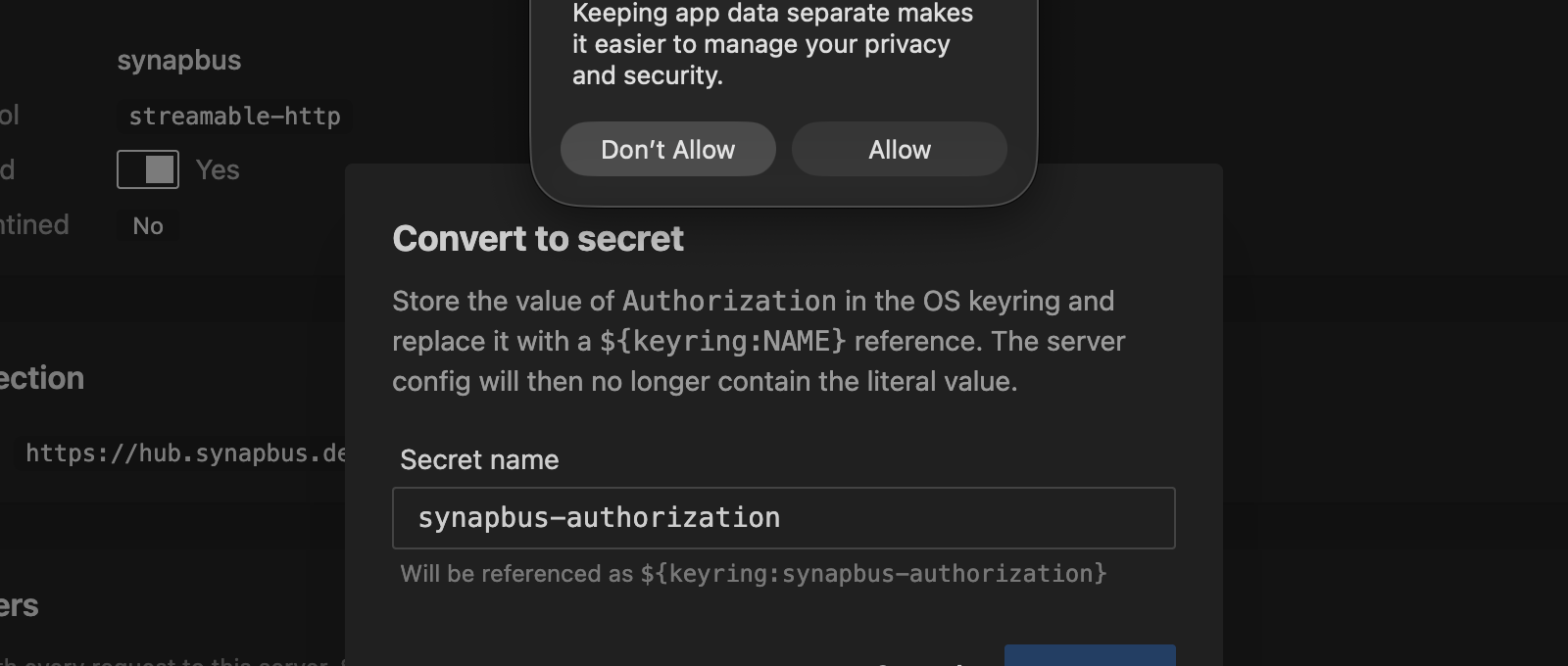 Convert-to-secret modal with a pre-suggested name